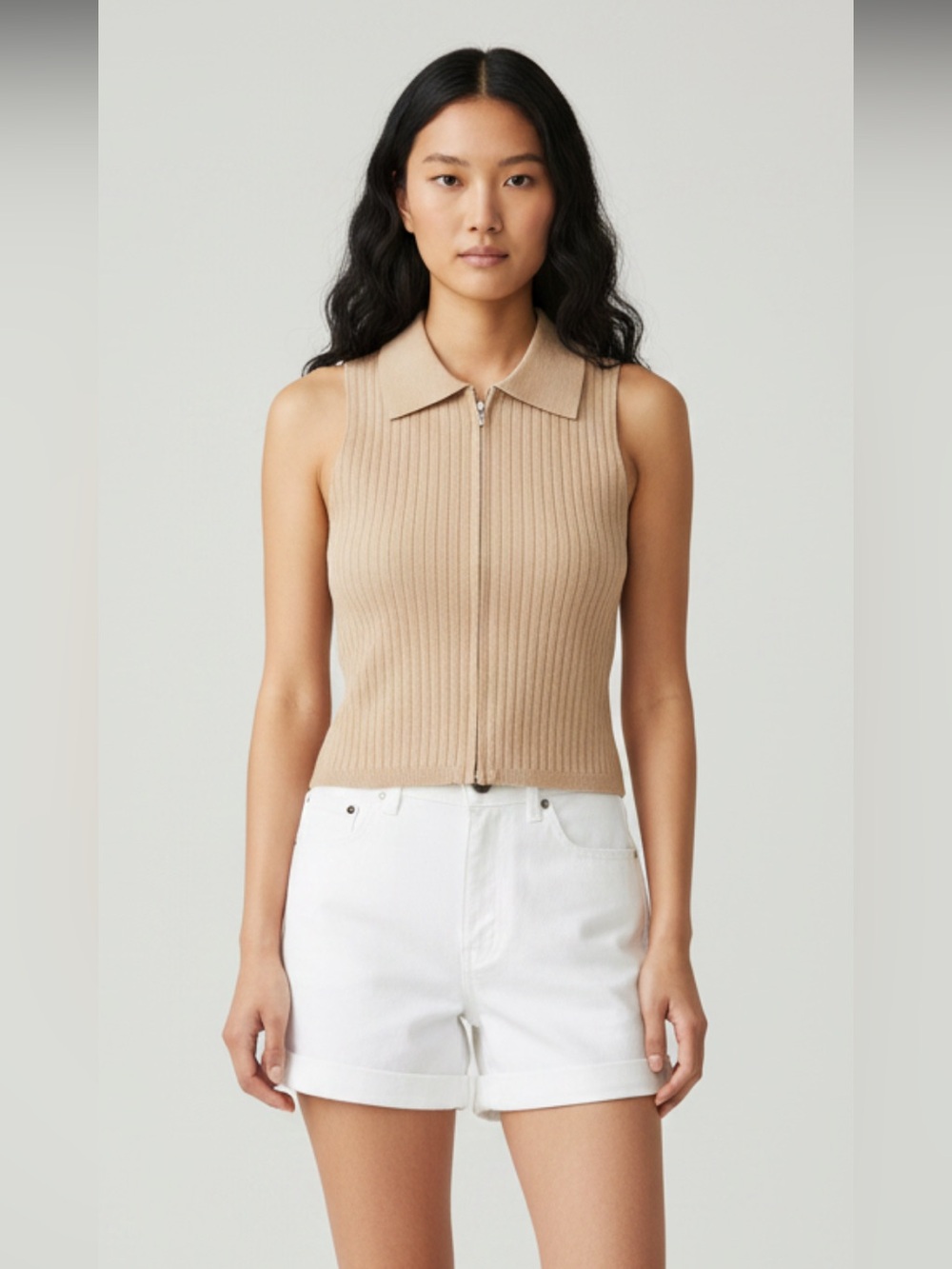 Song of Style creamy tan cropped sleeveless ribbed polo size medium